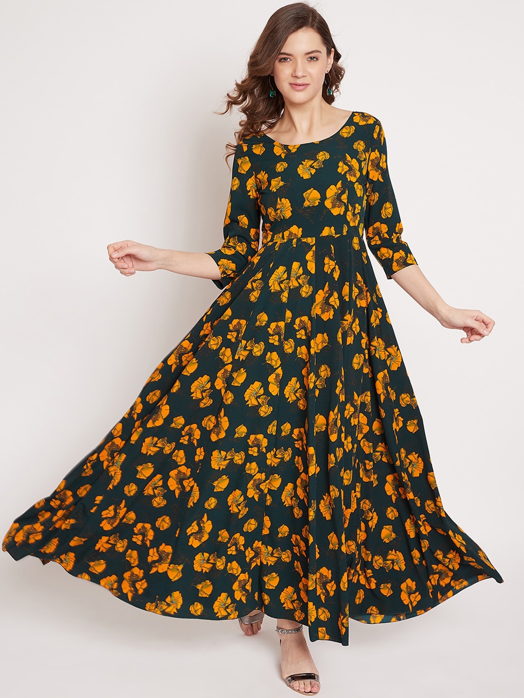 PANIT Green & Yellow Floral Crepe Maxi Dress