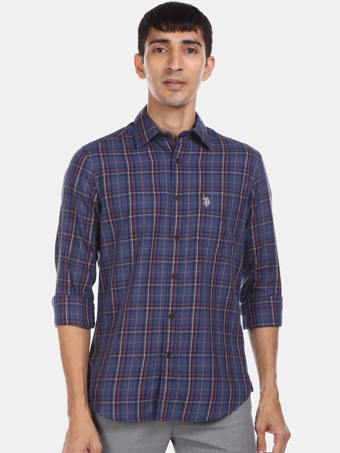 

U.S. Polo Assn. Men Blue & Beige Regular Fit Checked Cotton Casual Shirt