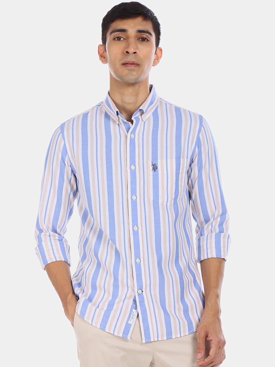 

U.S. Polo Assn. Men Beige & Blue Striped Pure Cotton Casual Shirt