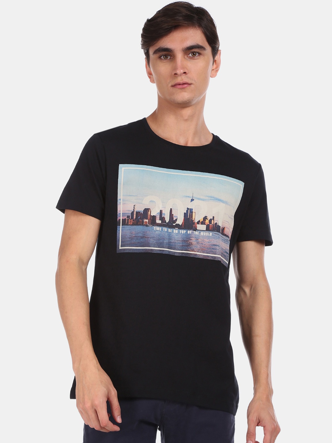 

Arrow New York Men Black Printed Round Neck Pure Cotton T-shirt