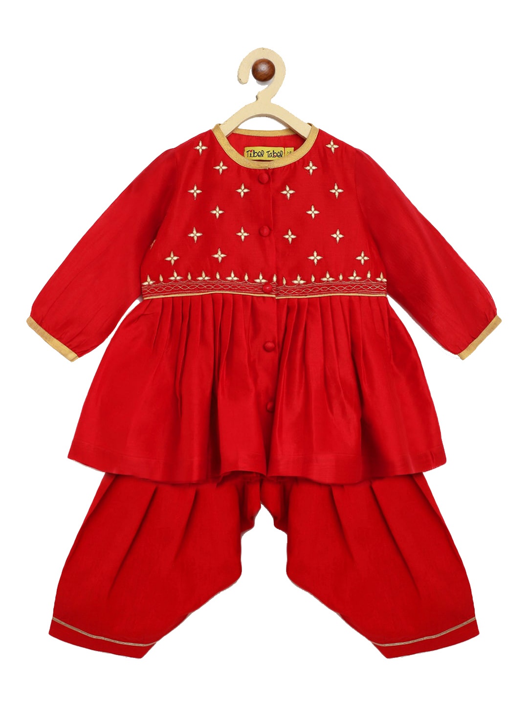 

Tiber Taber Girls Red Embroidered Kurta with Pyjamas