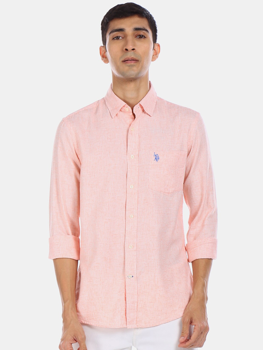 

U.S. Polo Assn. Men Peach-Coloured & White Regular Fit Checked Casual Shirt