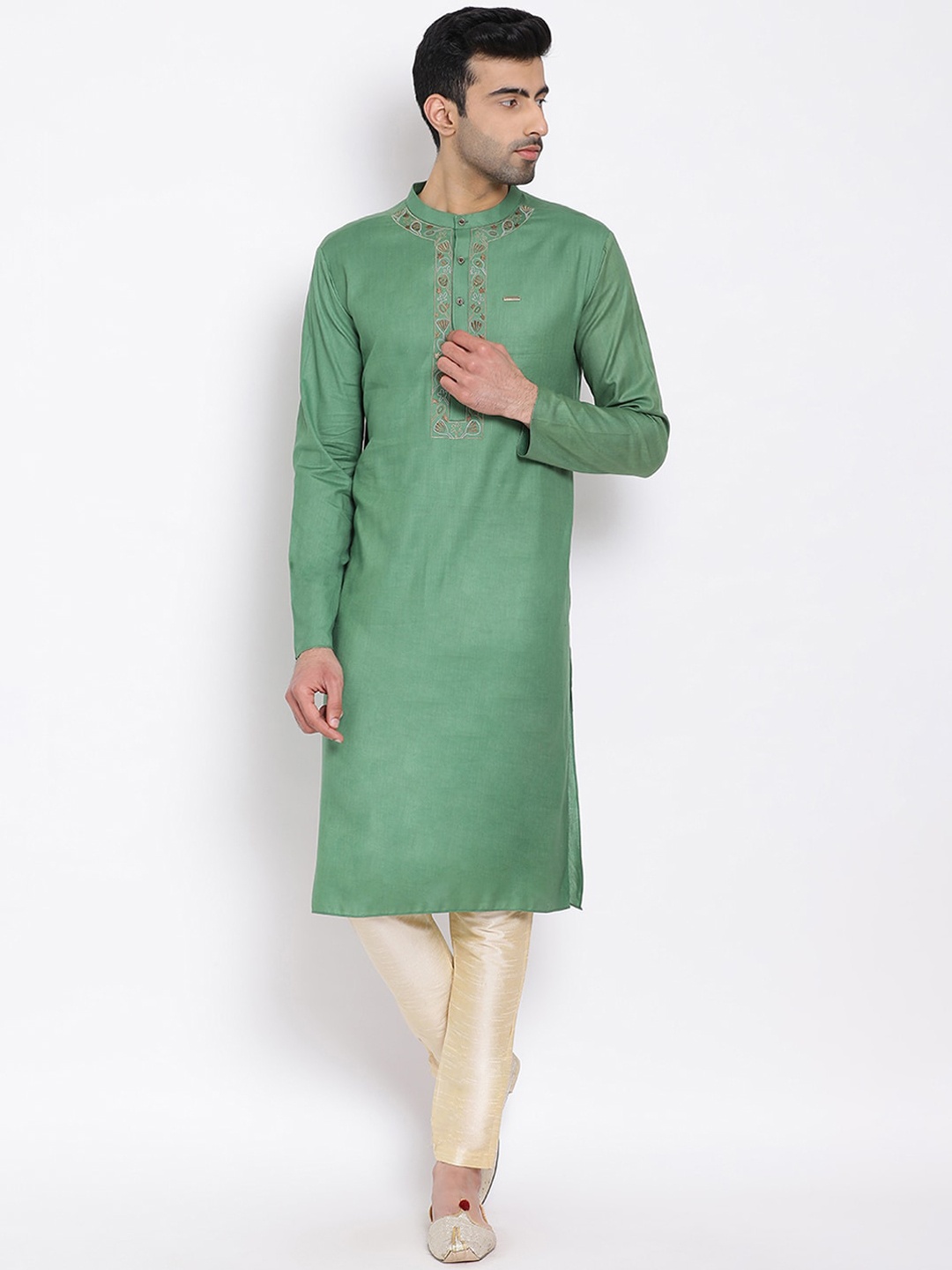 

DEVOILER Men Green Woven Design Straight Kurta