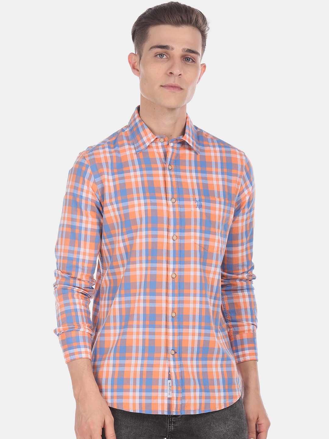 

U.S. Polo Assn. Men Orange Regular Fit Checked Casual Shirt