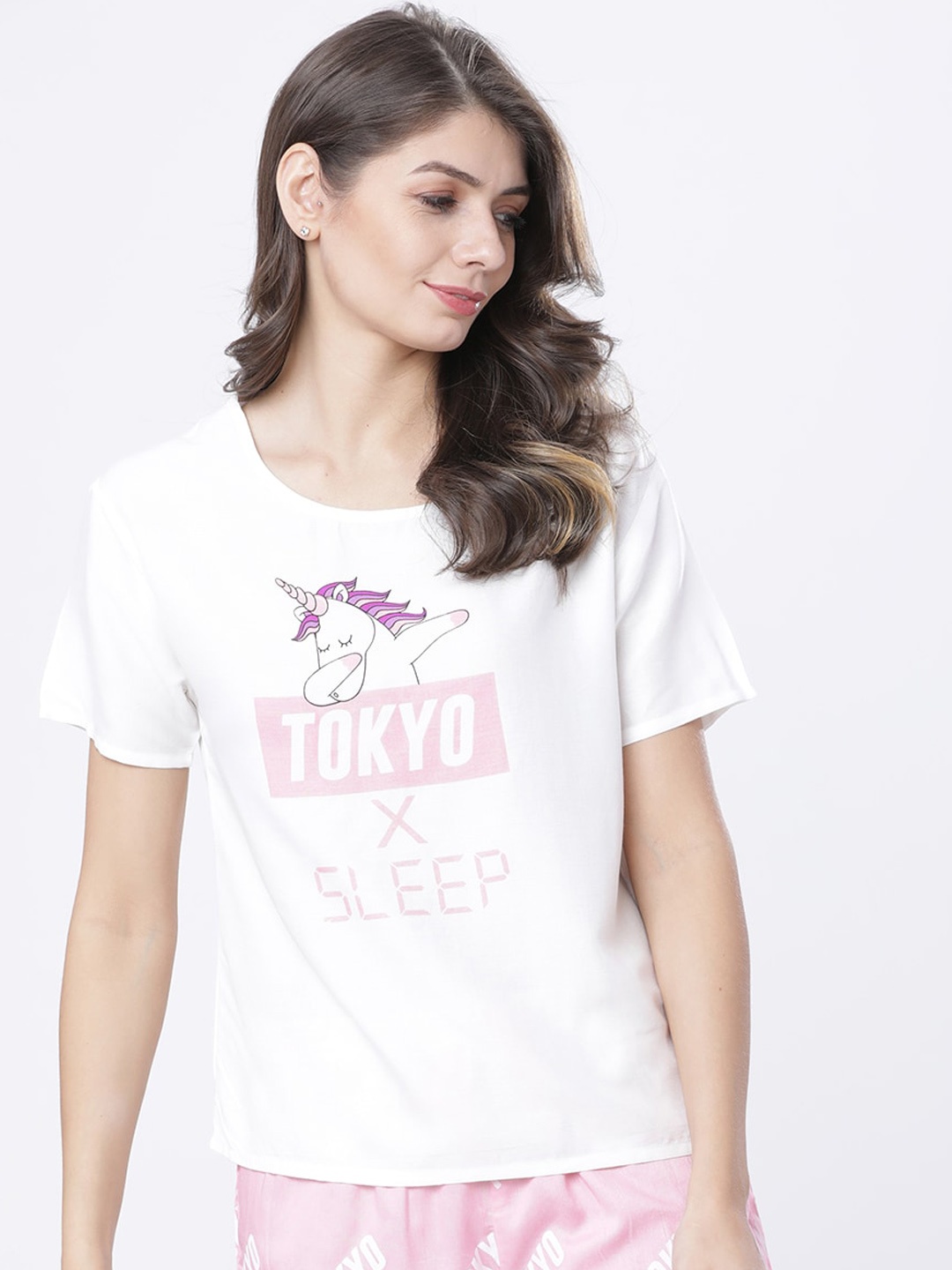 Tokyo Talkies Women White Printed Lounge Top