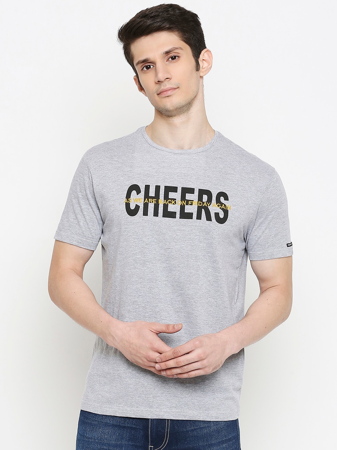 

People Men Grey Melange Printed Round Neck T-shirt