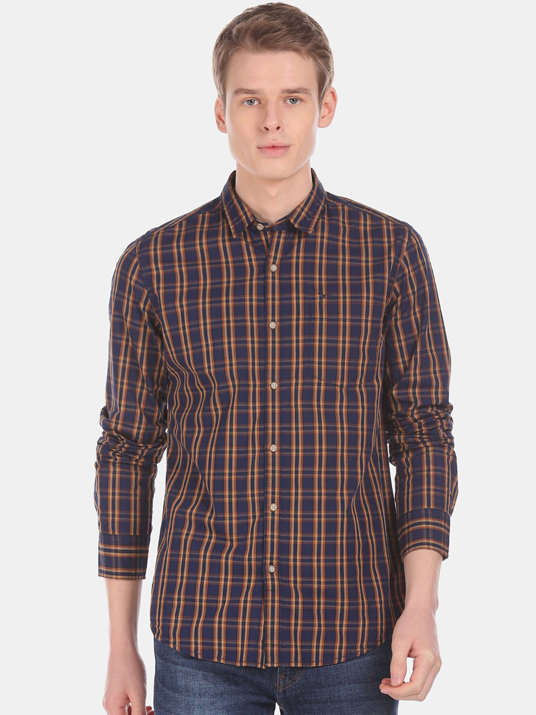 

Flying Machine Men Blue & Brown Regular Fit Checked Cotton Casual Shirt