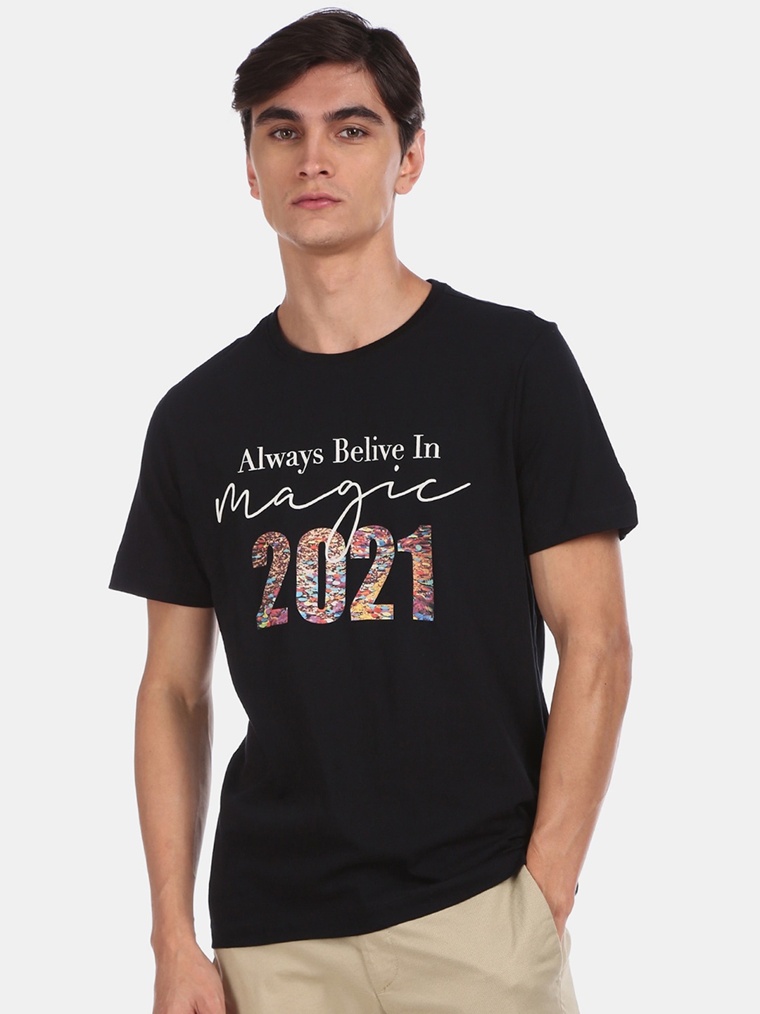 

Arrow New York Men Black Printed Round Neck Pure Cotton T-shirt