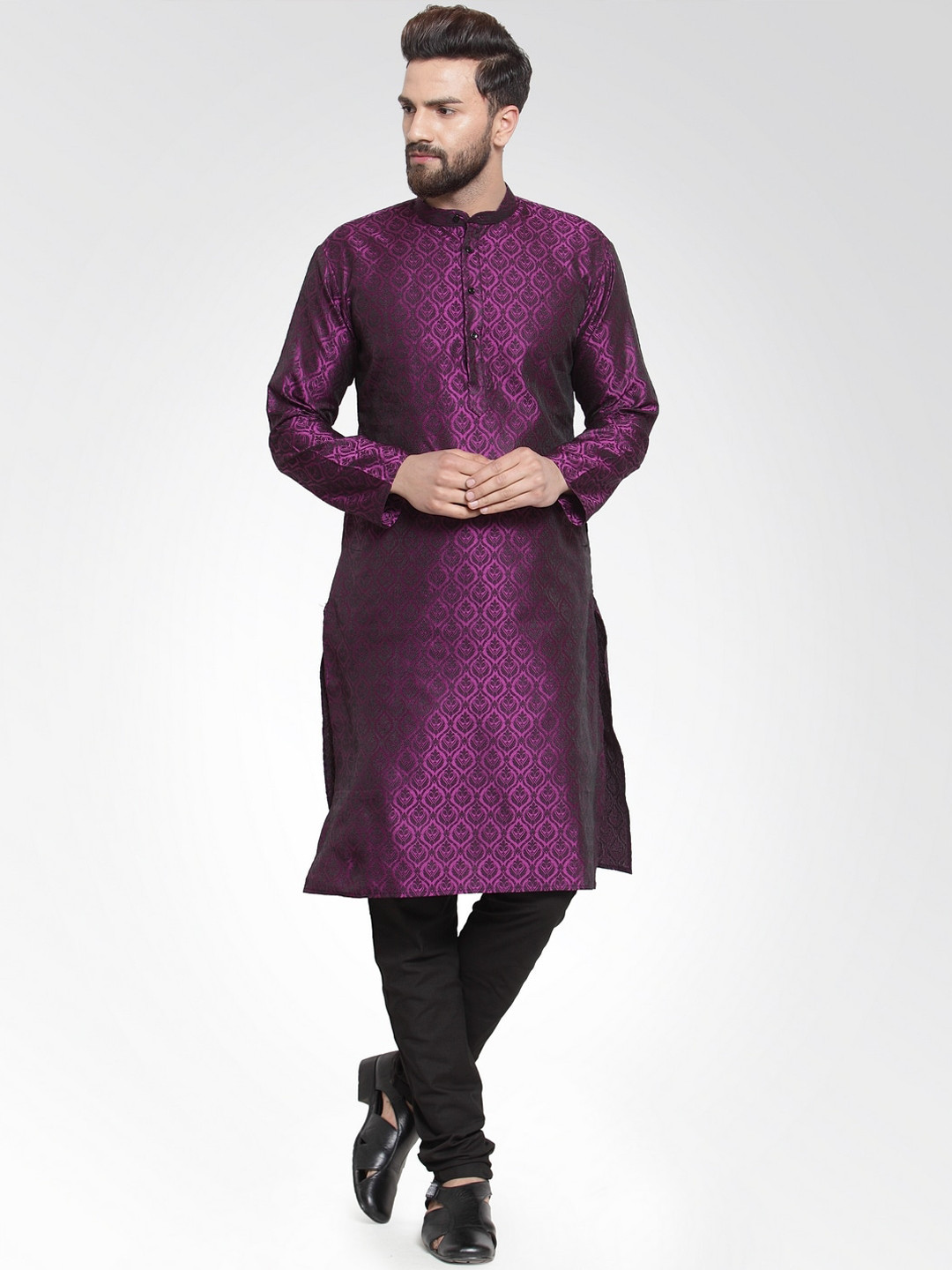 

Jompers Men Purple Self Design Jacquard Kurta with Churidar