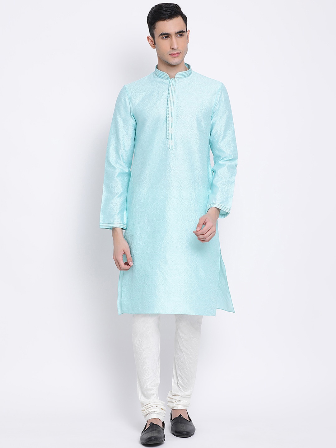 

Sanwara Men Blue & White Woven Design Kurta with Churidar