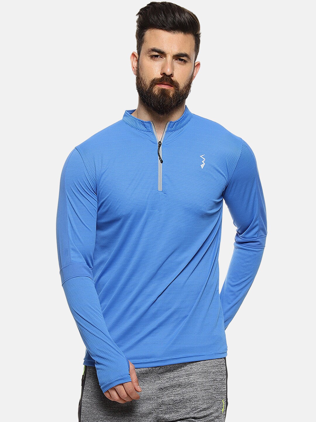 

Campus Sutra Men Turquoise Blue Striped Henley Neck Anti-Microbial T-shirt