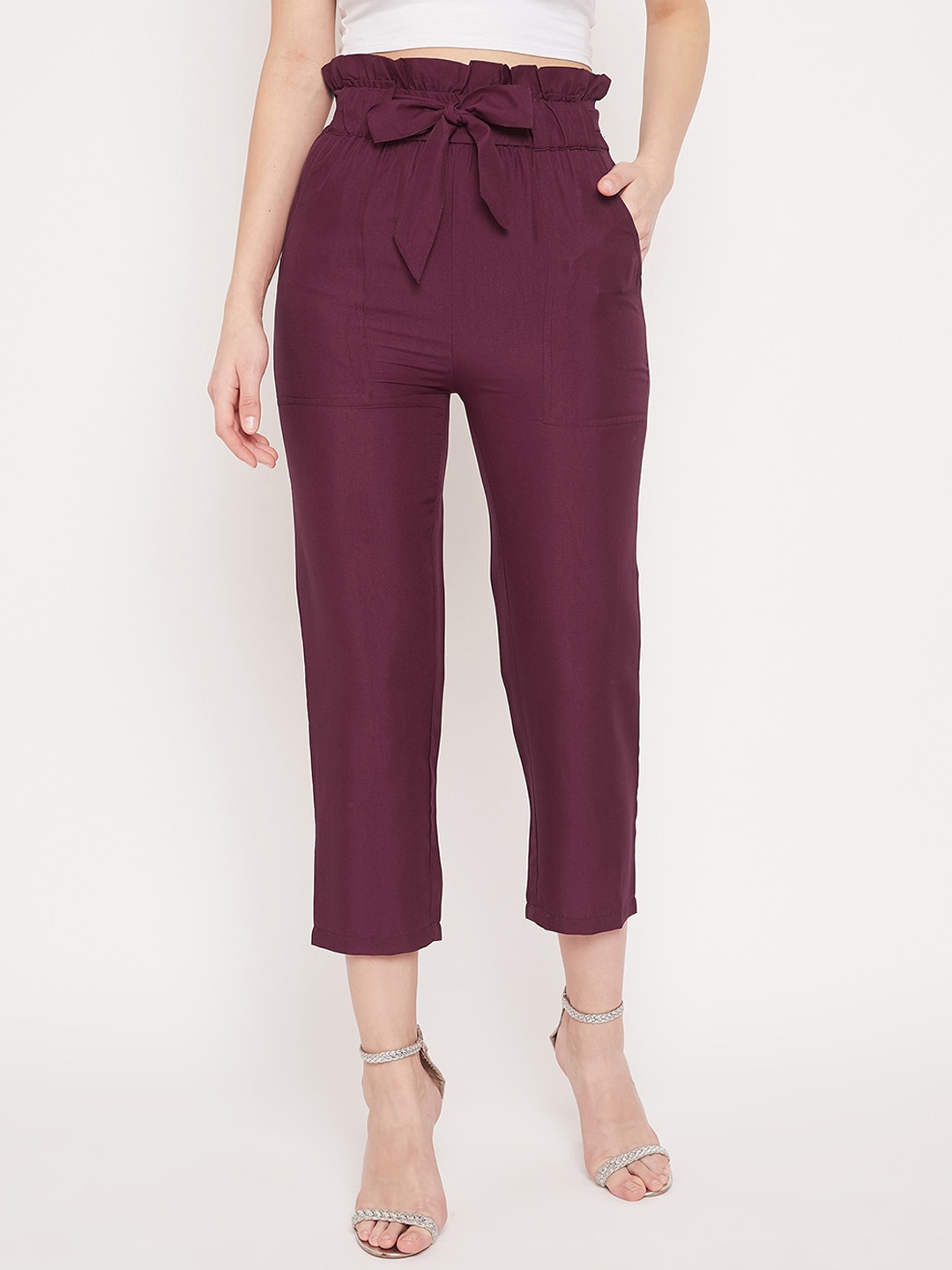 PANIT Women Burgundy Regular Fit Solid Regular Trousers