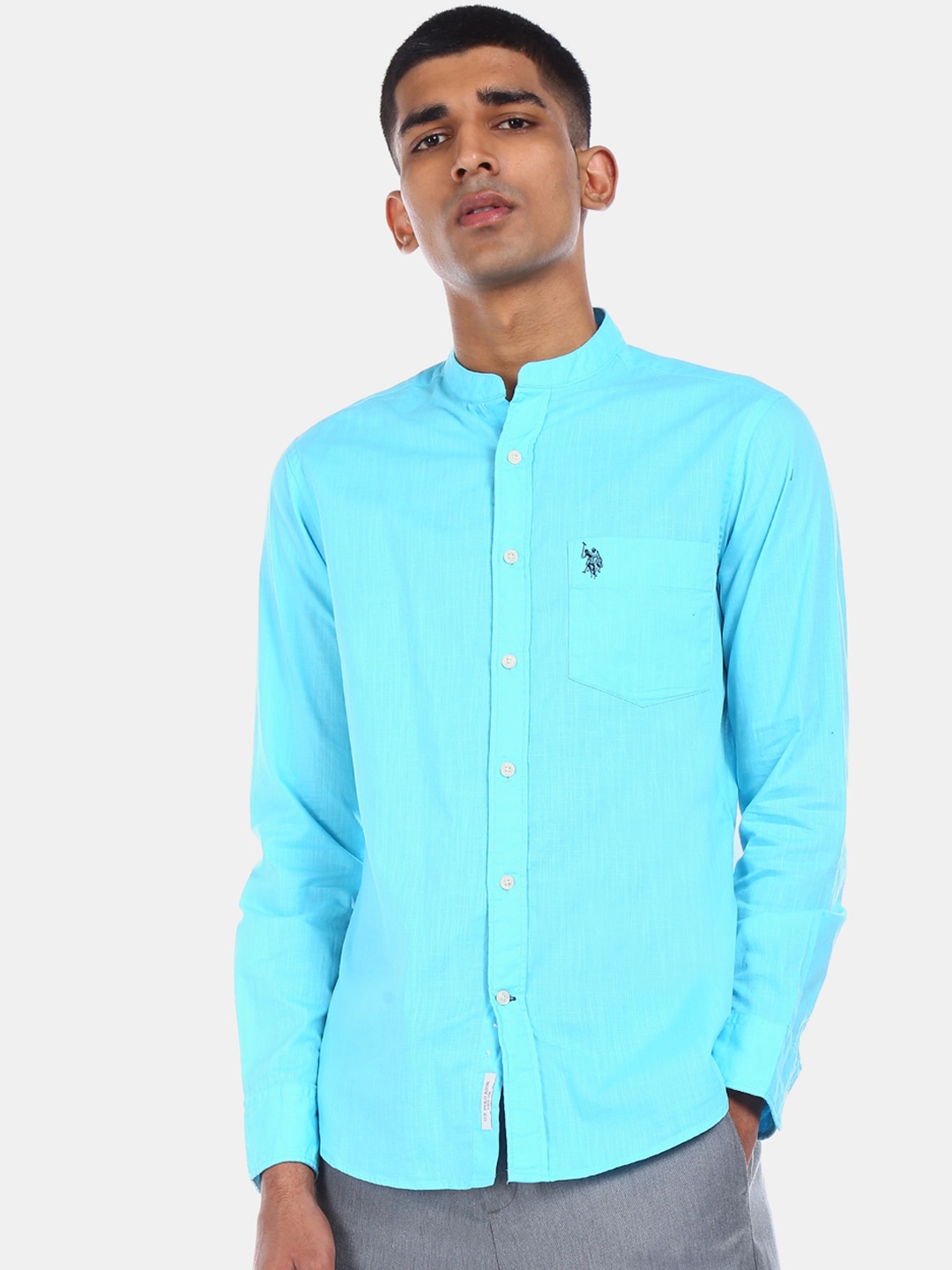 

U.S. Polo Assn. Men Turquoise Blue Regular Fit Solid Cotton Casual Shirt