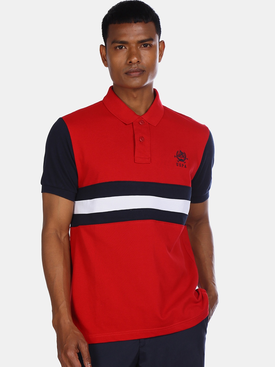 

U.S. Polo Assn. Men Red Black Colourblocked Polo Collar Pure Cotton T-shirt