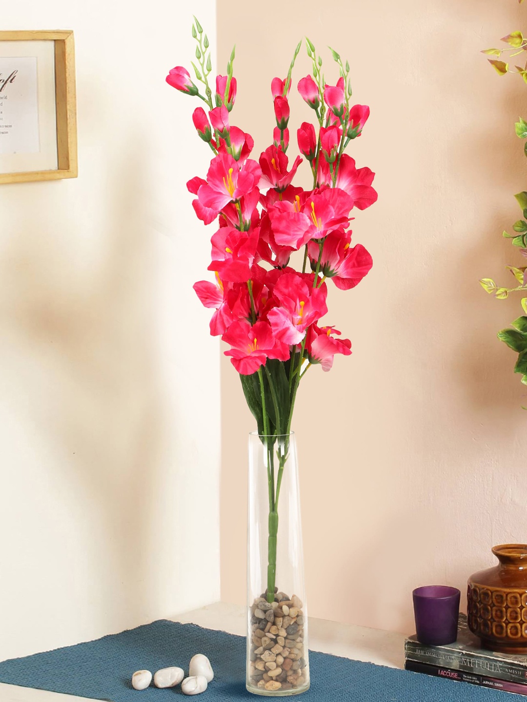 

TIED RIBBONS Magenta Pink & Green Artificial Flower Bunch with Glass Vase
