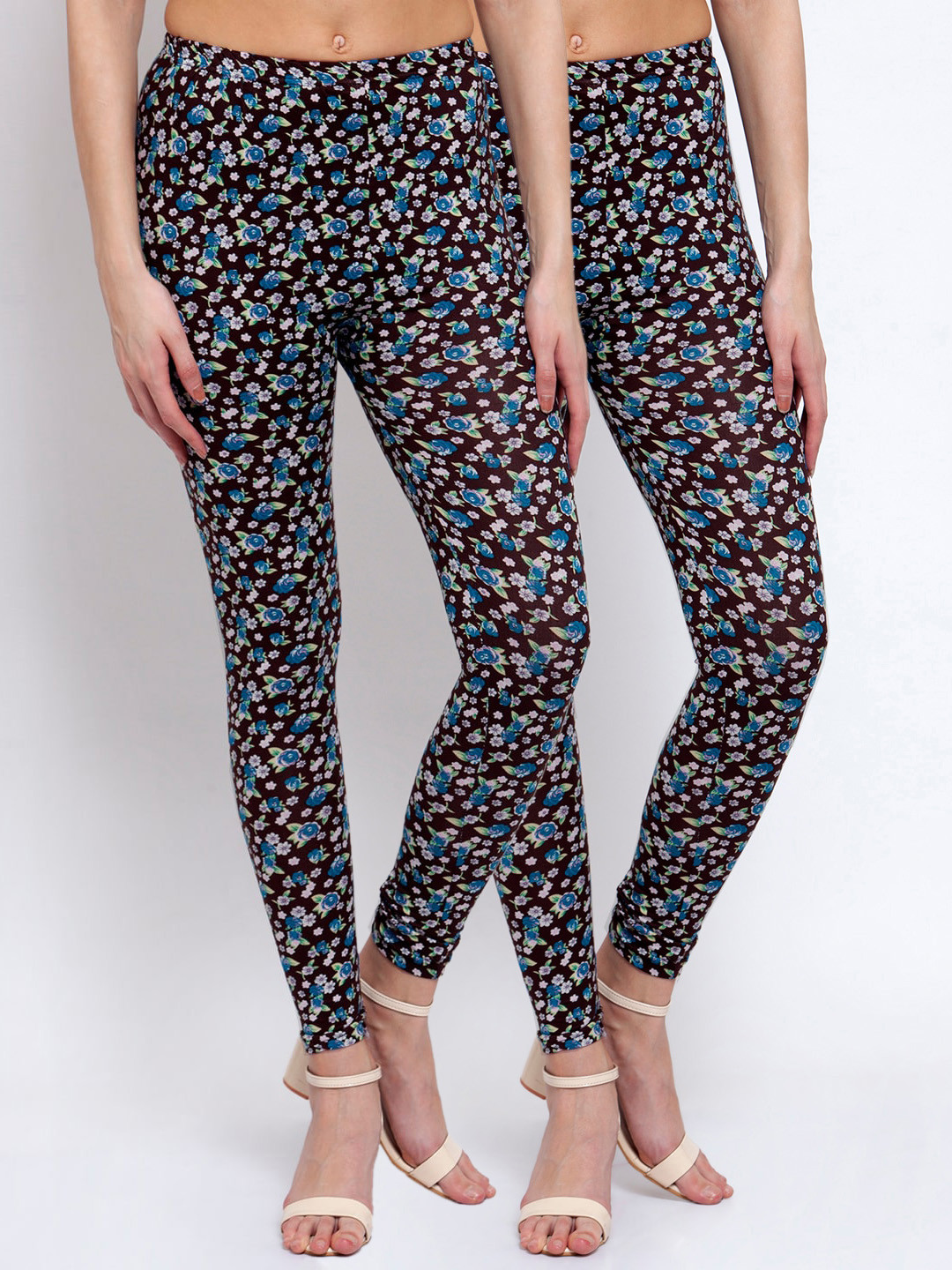 

KLOTTHE Women Pack of 2 Black & Blue Floral Printed Ankle-Length Leggings