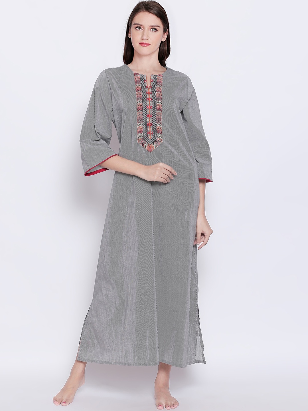 

RANGMANCH BY PANTALOONS Grey Striped Nightdress