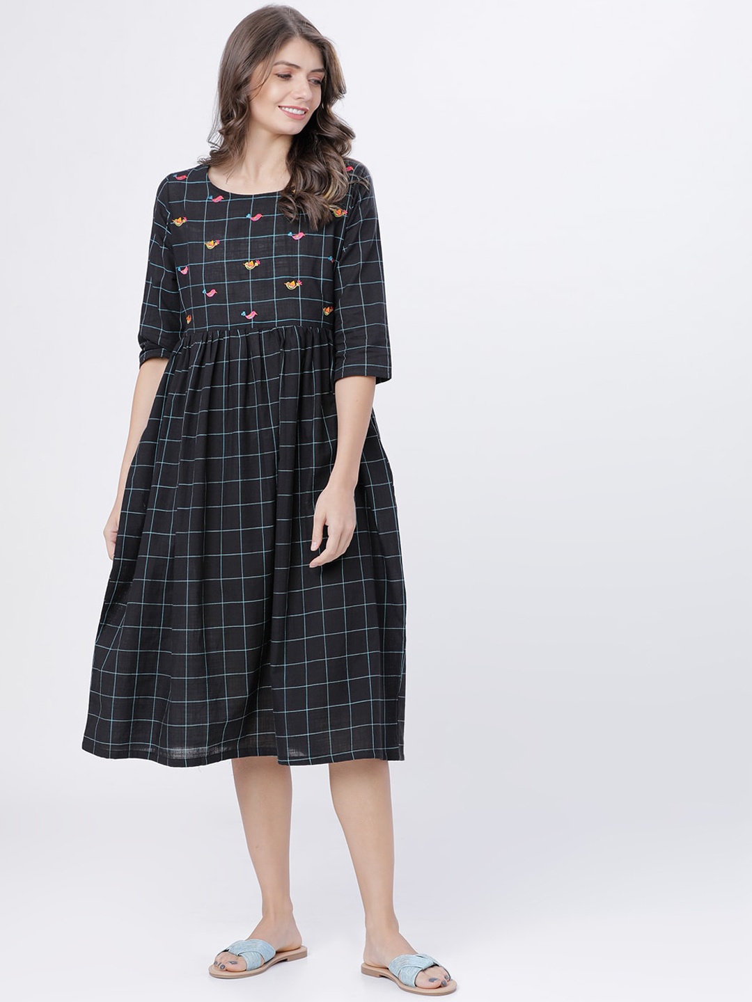 

Vishudh Women Black Checked Fit and Flare Dress