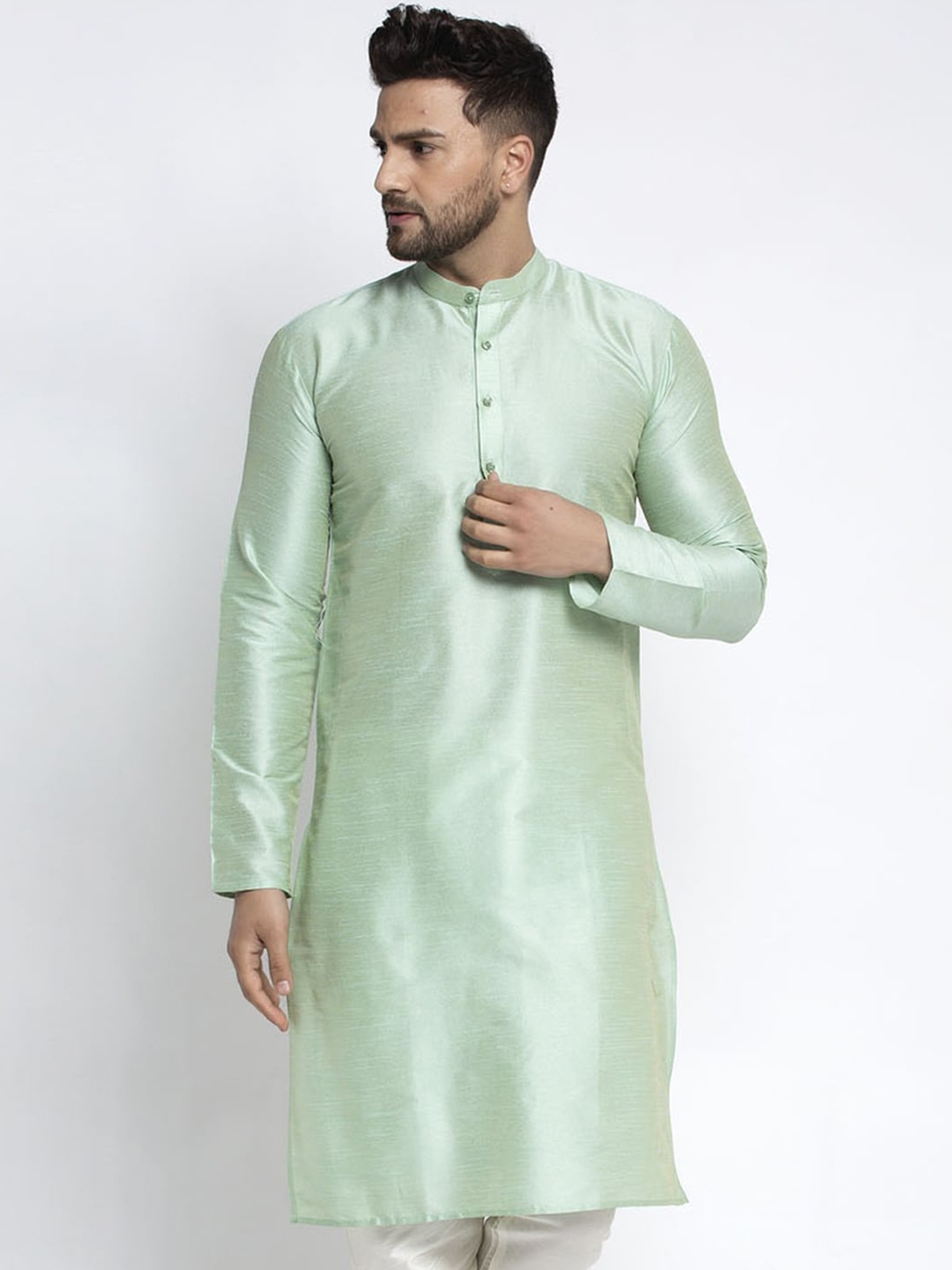 Jompers Men Pastel Green Solid Straight Kurta