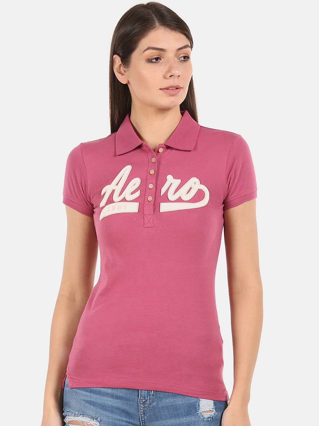 

Aeropostale Women Pink Printed Polo Collar T-shirt