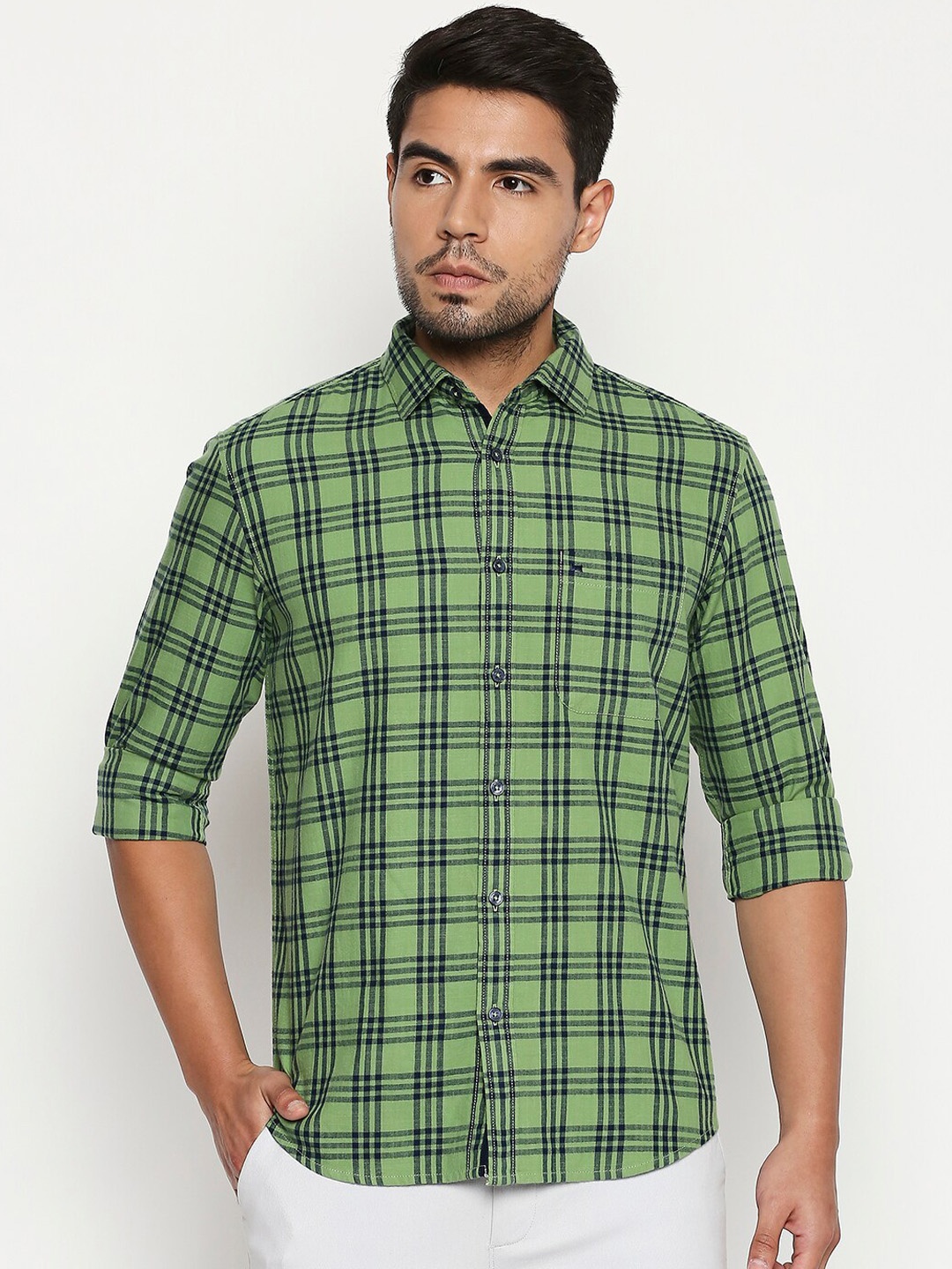 Basics Men Green Slim Fit Checked Casual Shirt