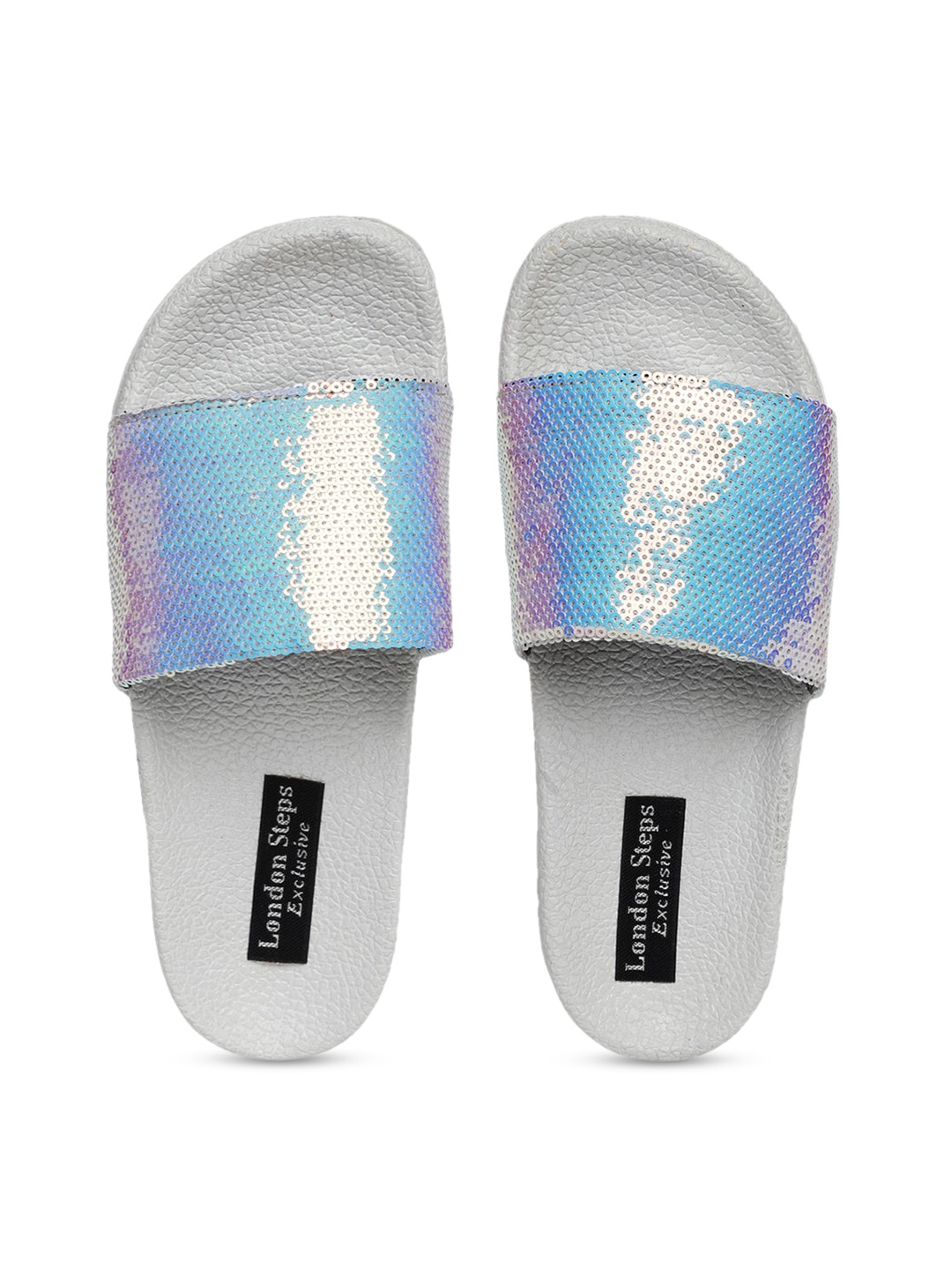 

LONDON STEPS Women Silver-Toned & Grey Embellished Sliders