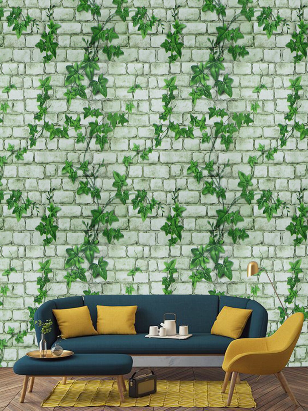 Jaamso Royals Nature White Brick With Leaves Self Adhesive Wallpaper, Green