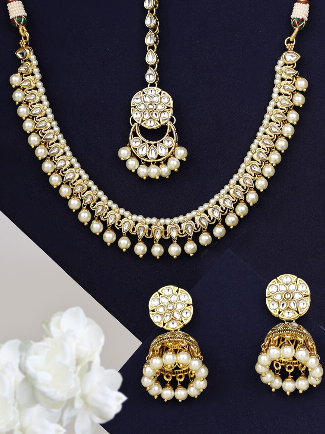 

Priyaasi Gold-Plated & White Pearl Embellished Handcrafted Jewellery Set