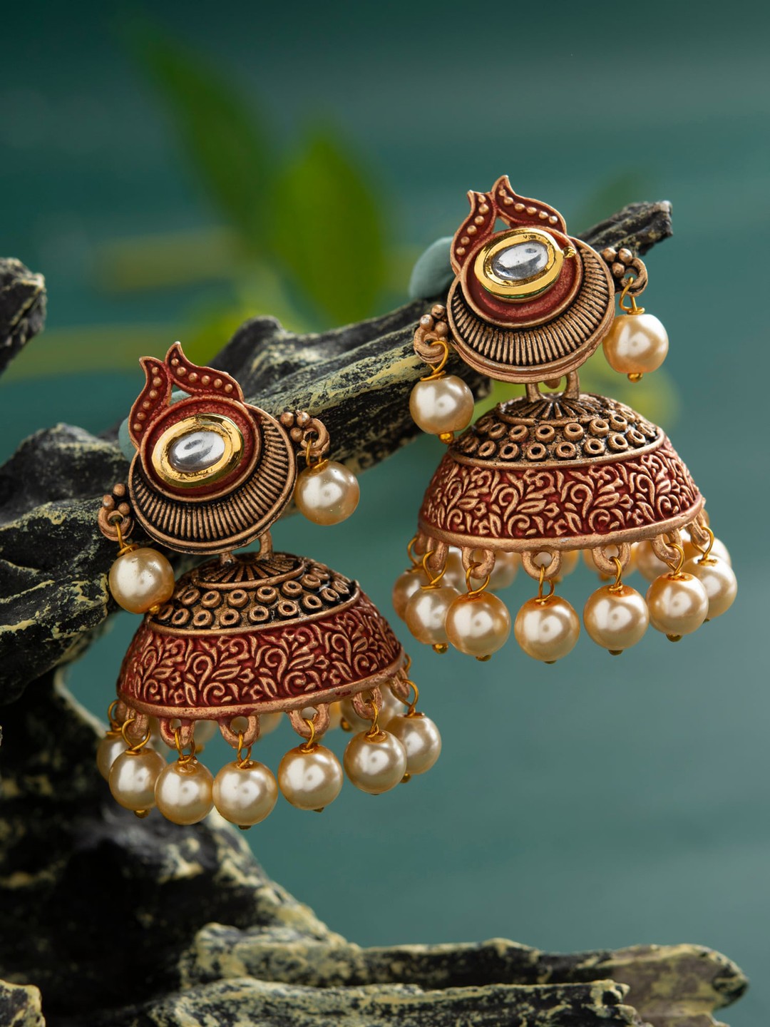 

E2O Red Gold-Plated Handcrafted Dome Shaped Jhumkas
