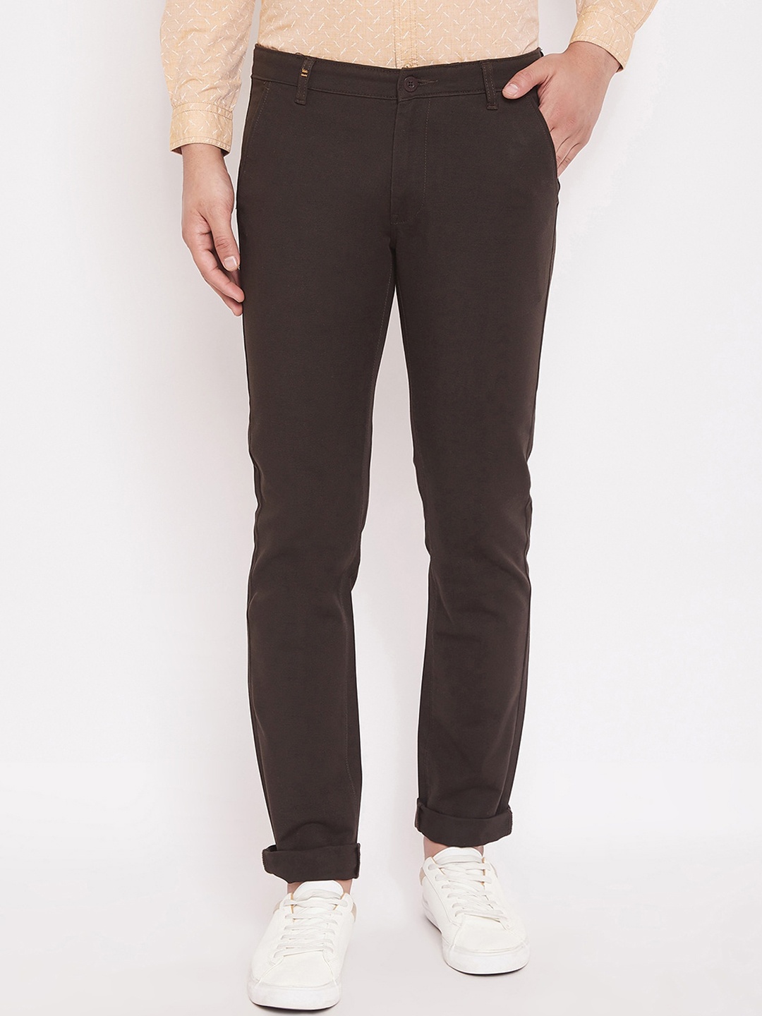 

Canary London Men Coffee Brown Slim Fit Self Design Regular Trousers