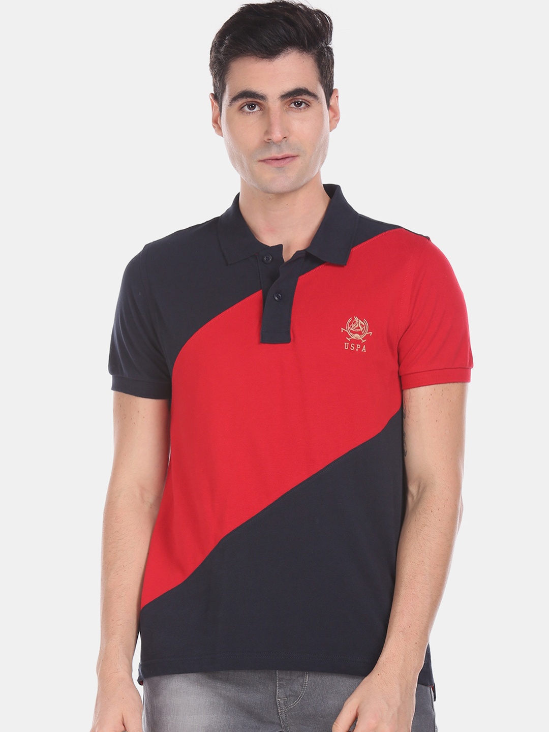 

U.S. Polo Assn. Men Navy Blue Red Colourblocked Polo Collar Pure Cotton T-shirt