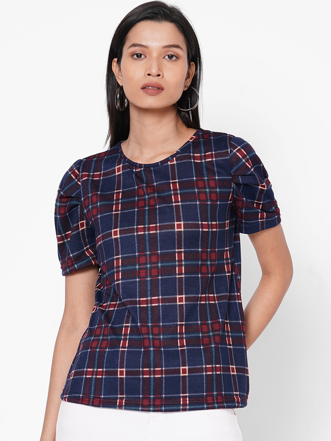 

109F Women Navy Blue & Maroon Checked Top