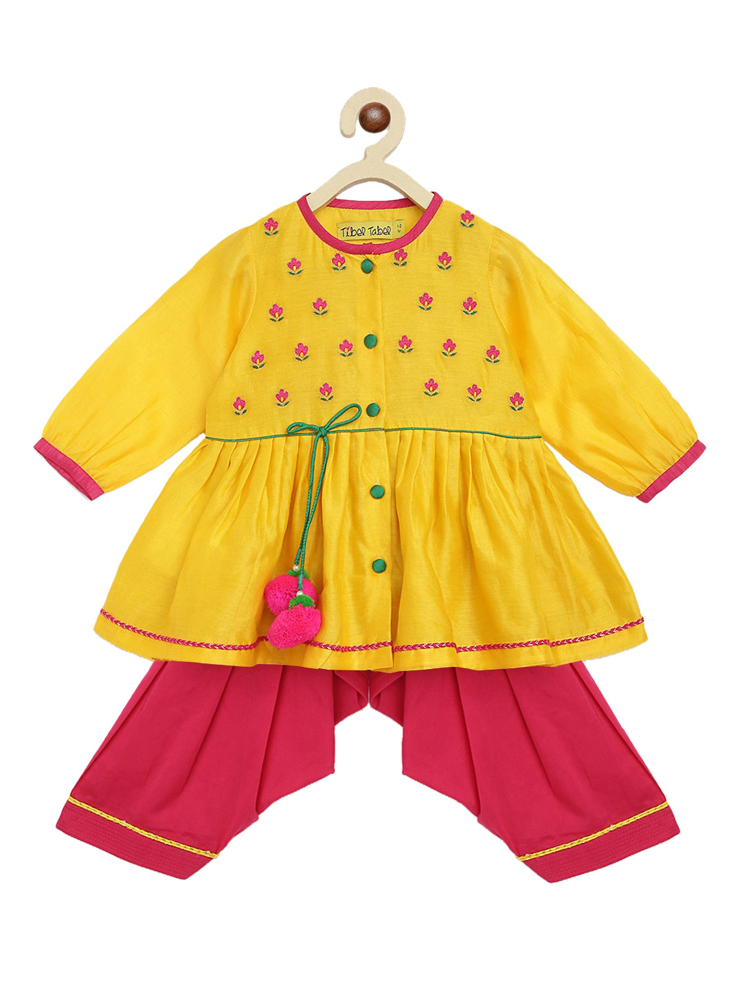 

Tiber Taber Girls Yellow & Red Yoke Design Kurti with Dhoti Pants & Dupatta