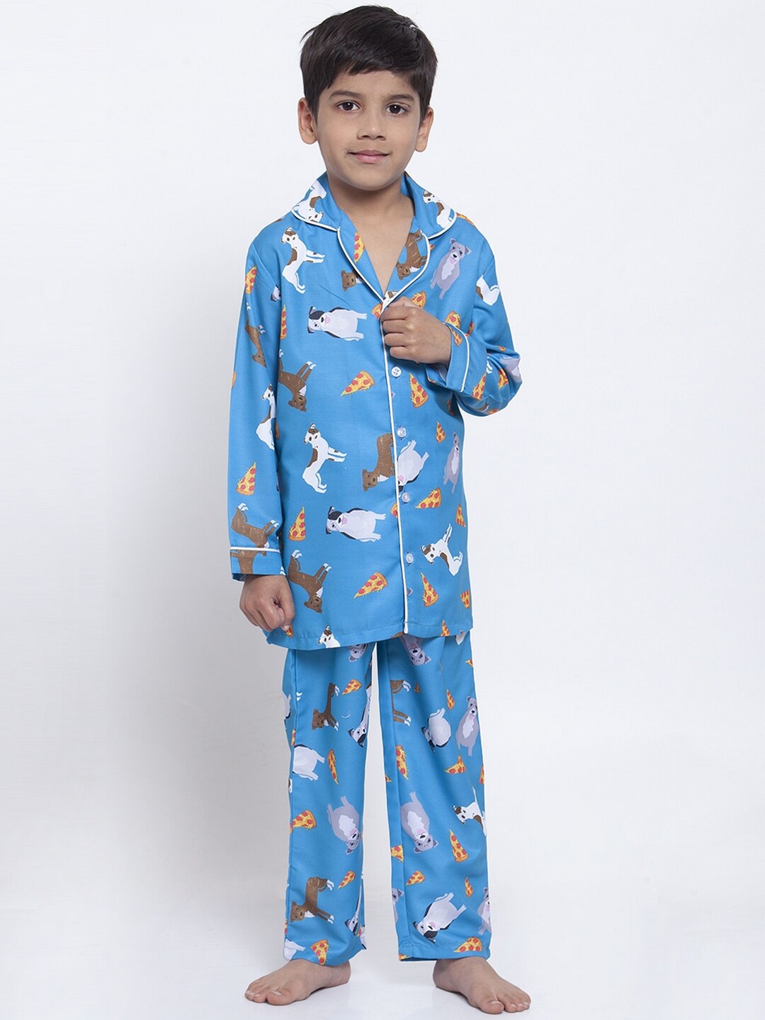 

MAXENCE Boys Blue & White Printed Night Suit