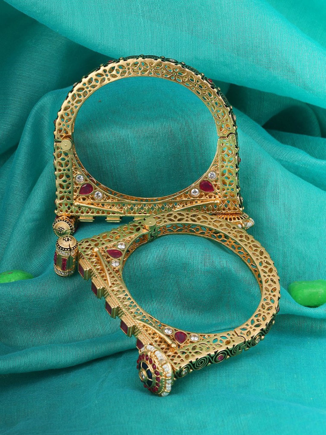 

Adwitiya Collection Set Of 2 24K Gold-Plated Pink & Blue Stone-Studded Handcrafted Bangles