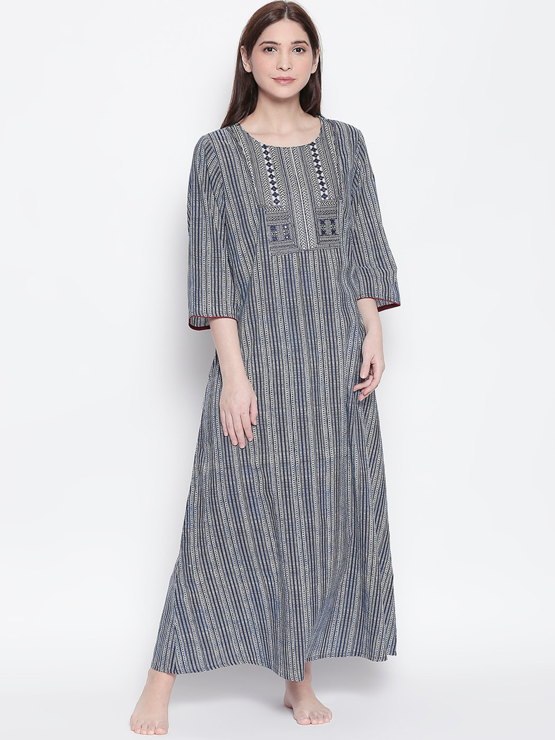 

RANGMANCH BY PANTALOONS Blue & Grey Embroidered Nightdress