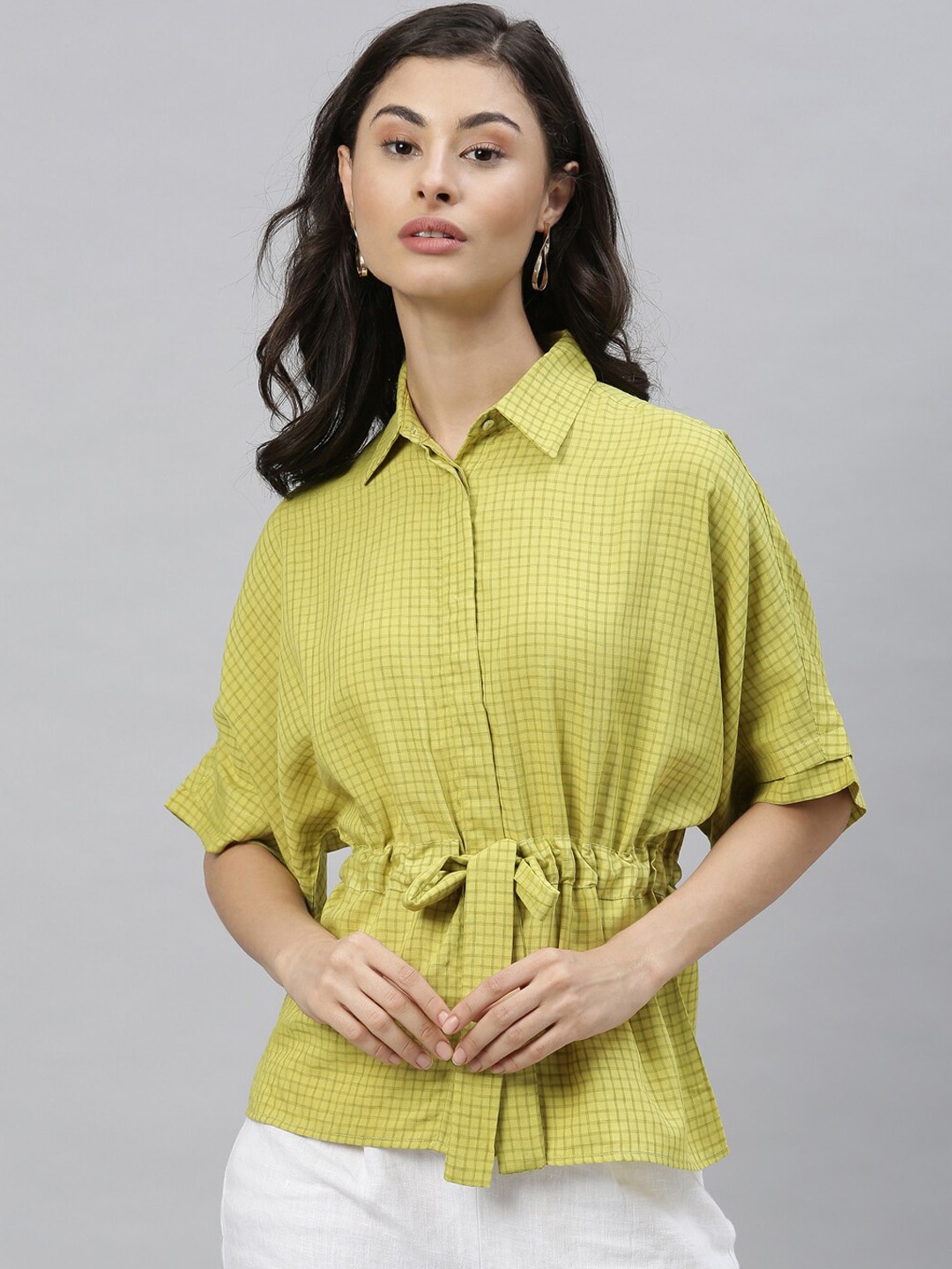 

RAREISM Women Green Checked Kimono Sleeves Cinched Waist Top