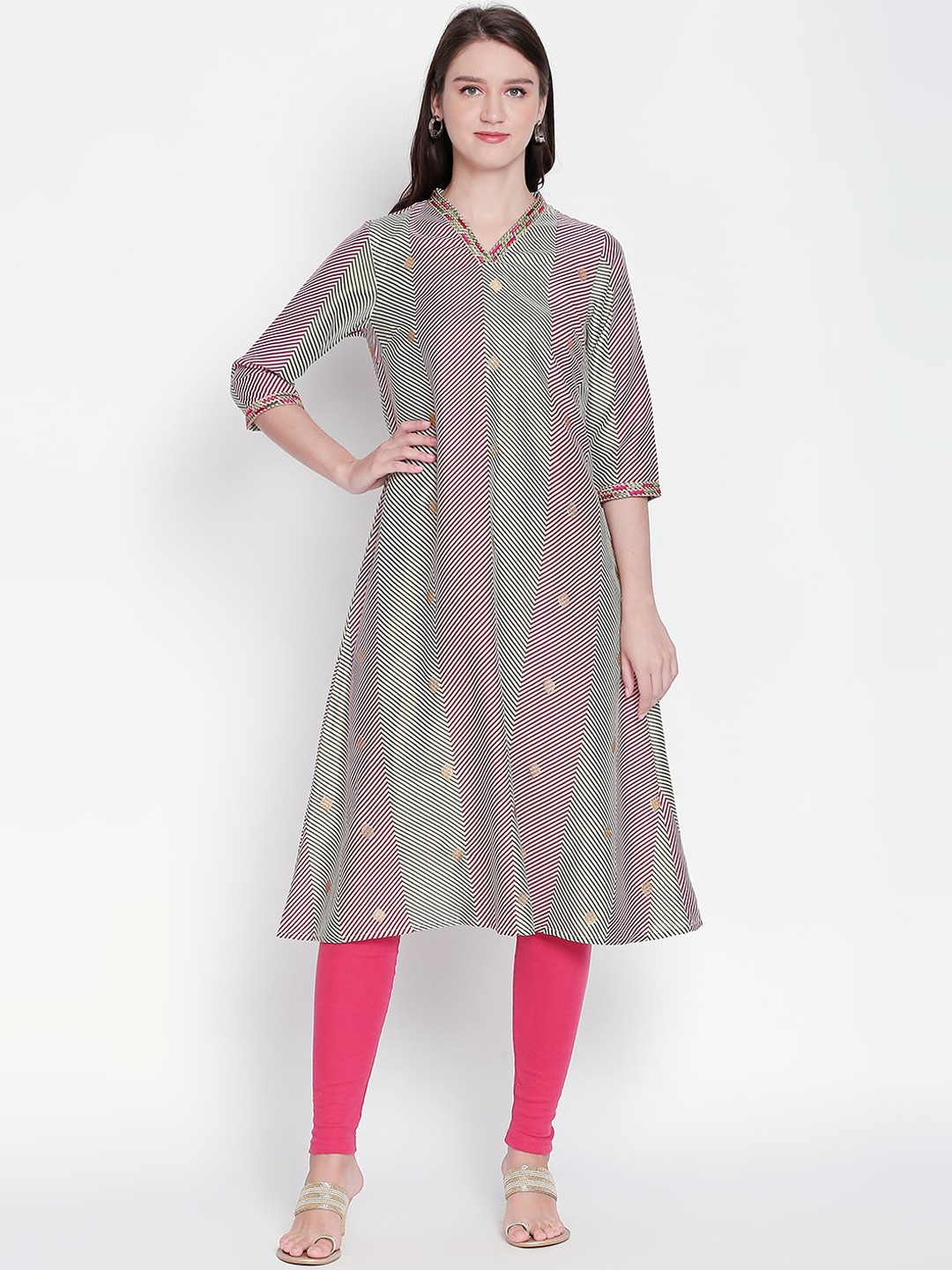 

RANGMANCH BY PANTALOONS Pink & Green Striped A-Line Kurta