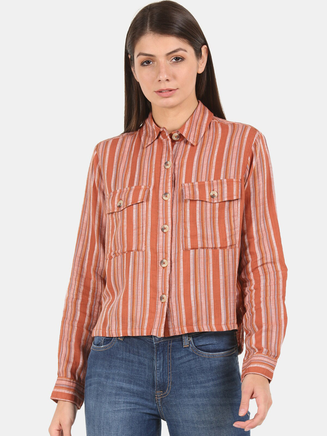

Aeropostale Women Brown Regular Fit Striped Casual Shirt