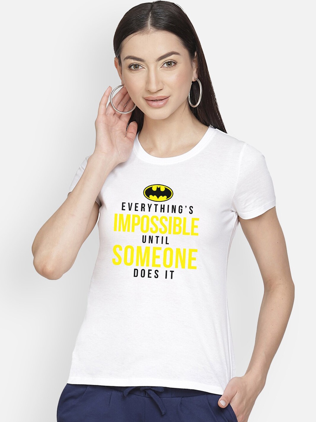 

Free Authority Women White & Yellow Batman Print Round Neck T-shirt