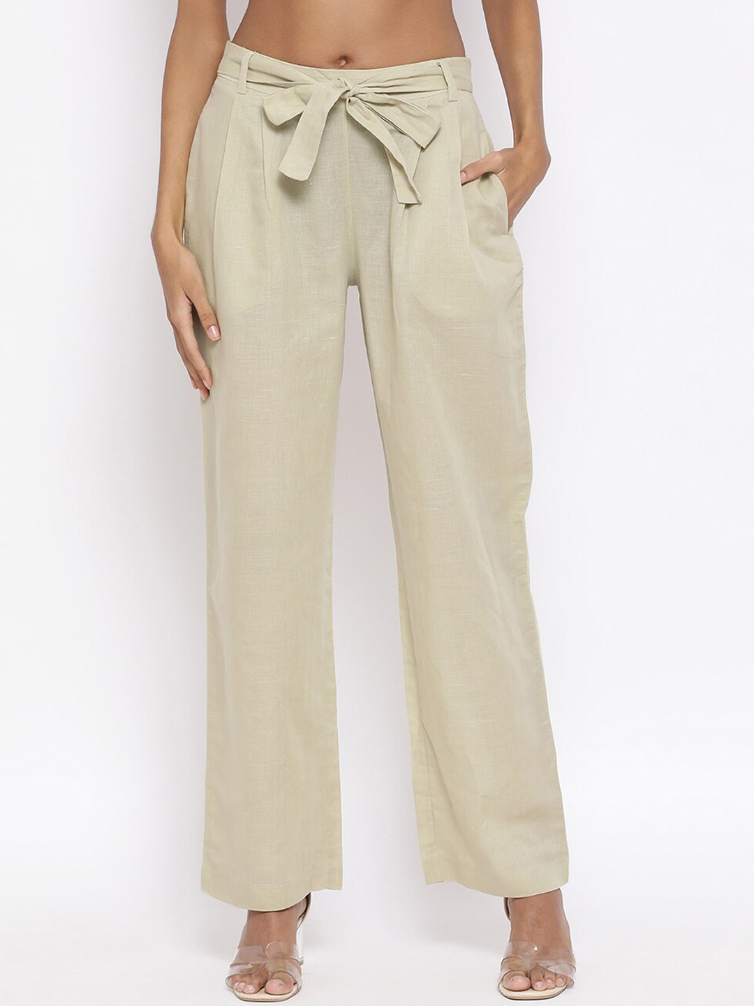 

ROOTED Women Olive Green Solid Regular Trousers