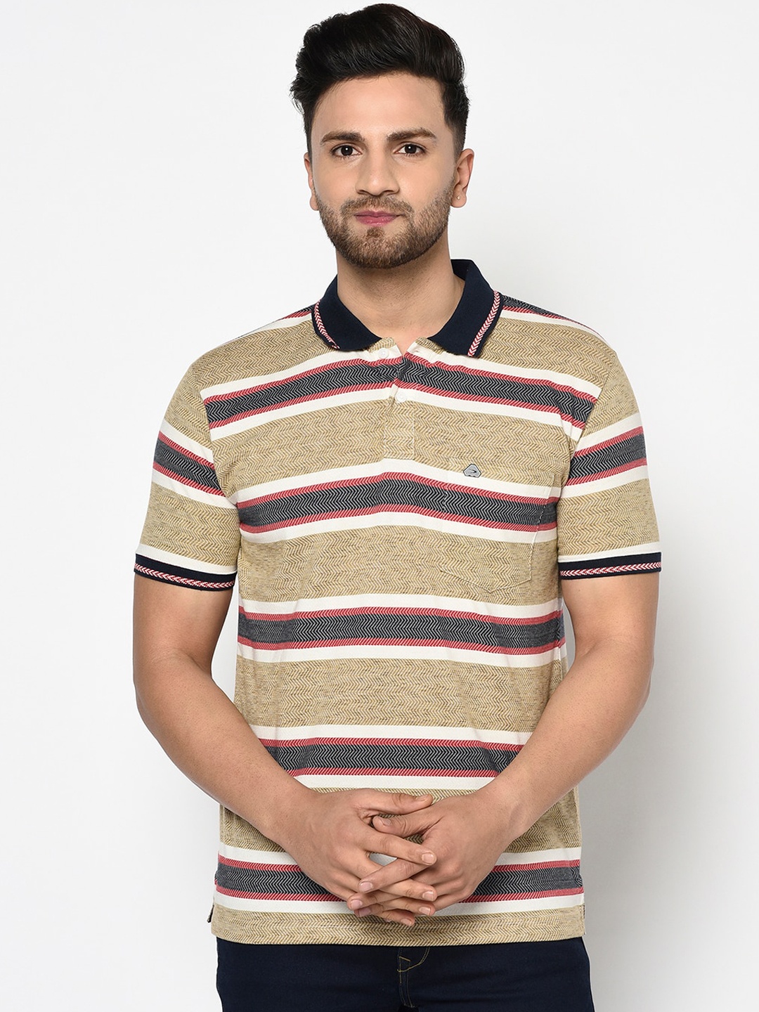 

Duke Men Beige Striped Polo Collar T-shirt