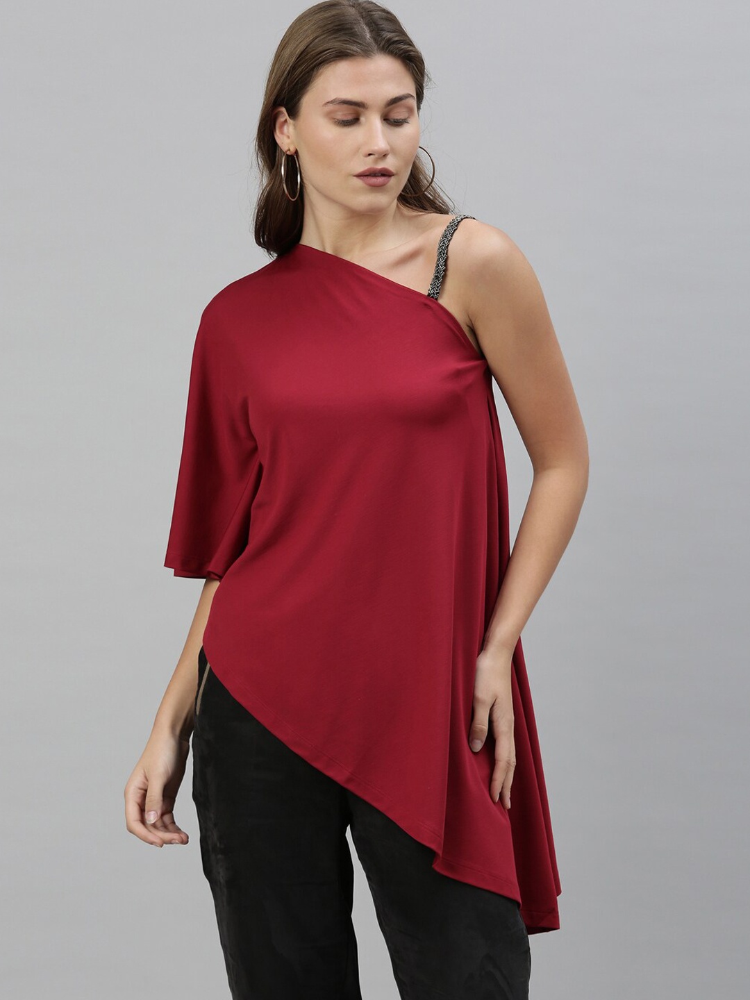 

RAREISM Women Maroon One Shoulder High-Low Longline Top