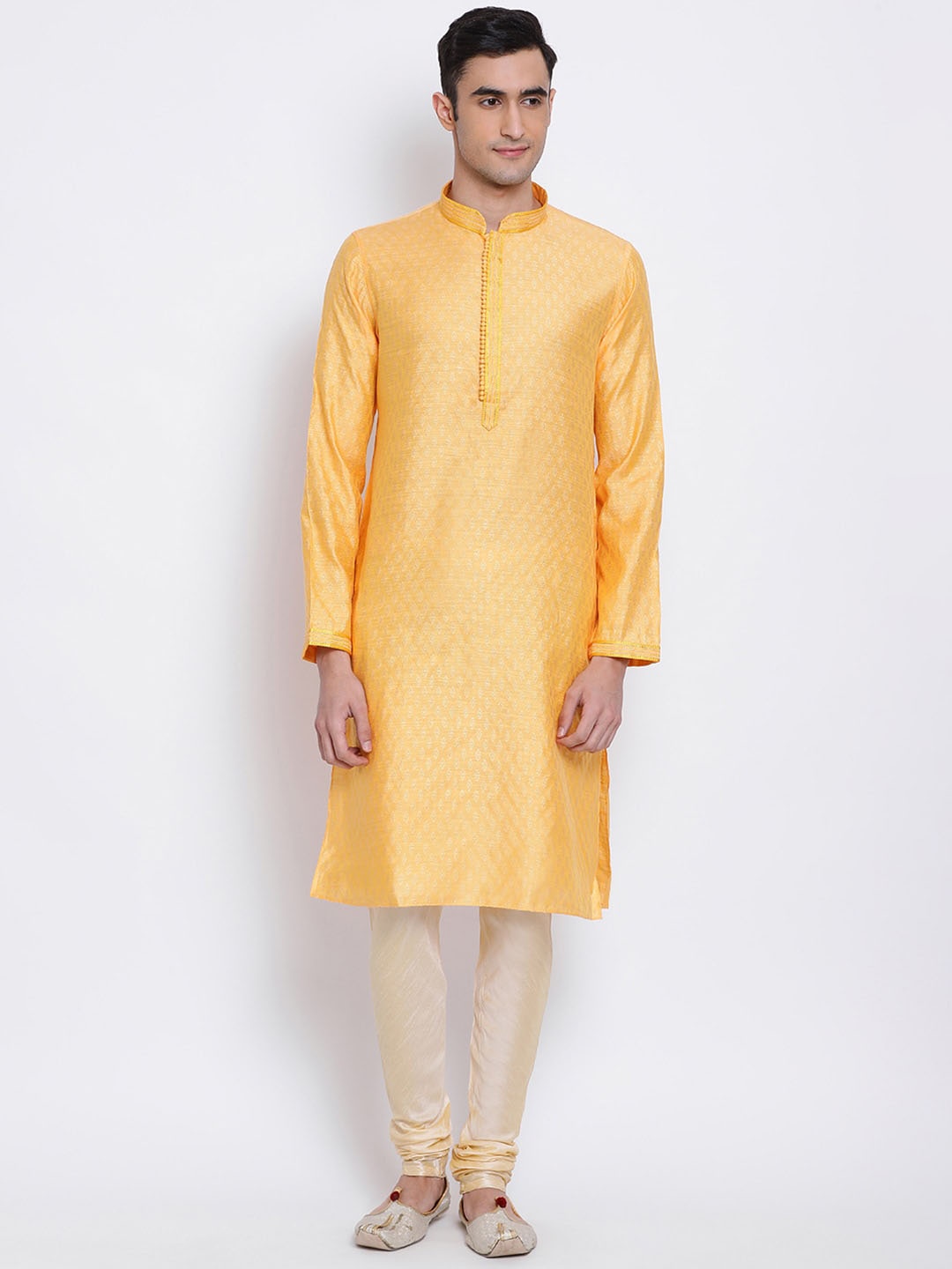 

Sanwara Men Yellow & Beige Woven Design Kurta with Churidar