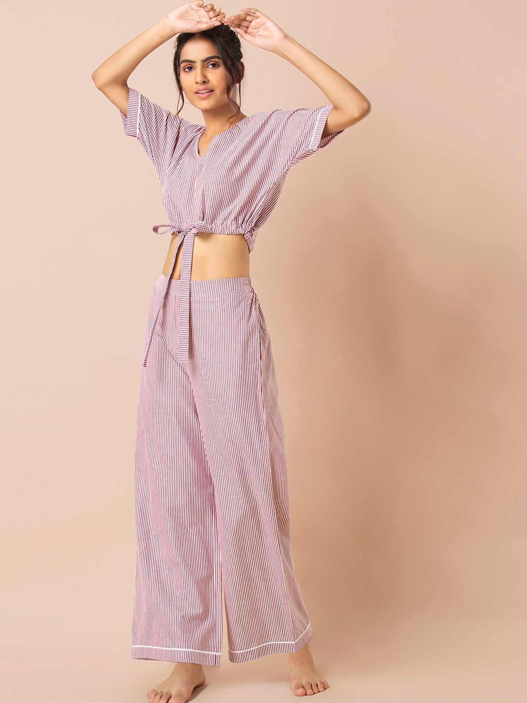 

INDYA Women Maroon & White Striped Cotton Knotted Crop Top and Pants Set