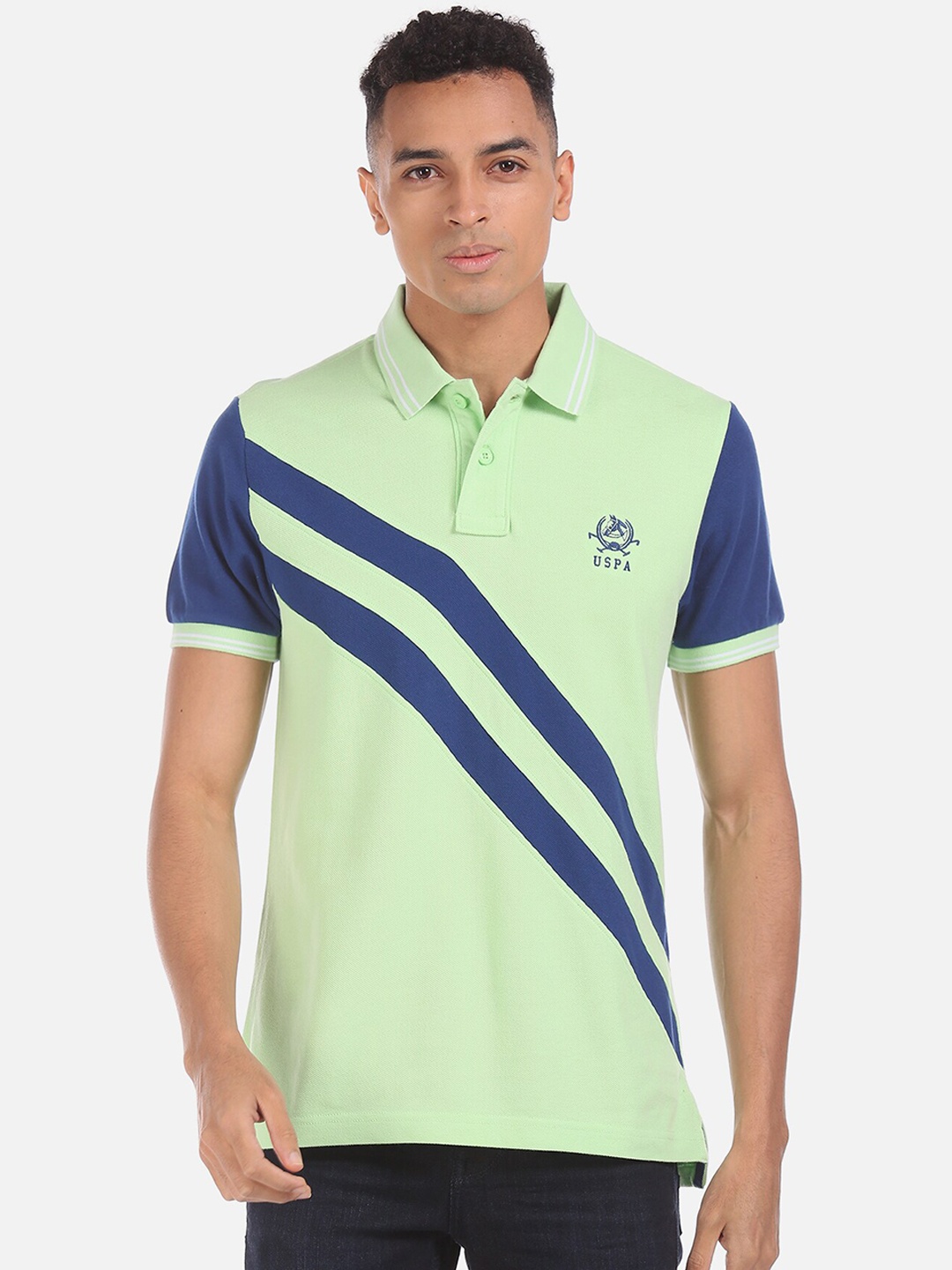 

U.S. Polo Assn. Men Green & Blue Colourblocked Polo Collar T-shirt