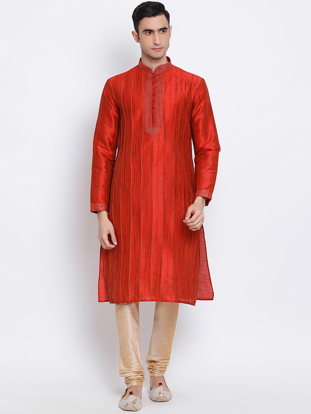 

Sanwara Men Red & Gold-Toned Striped Kurta with Churidar