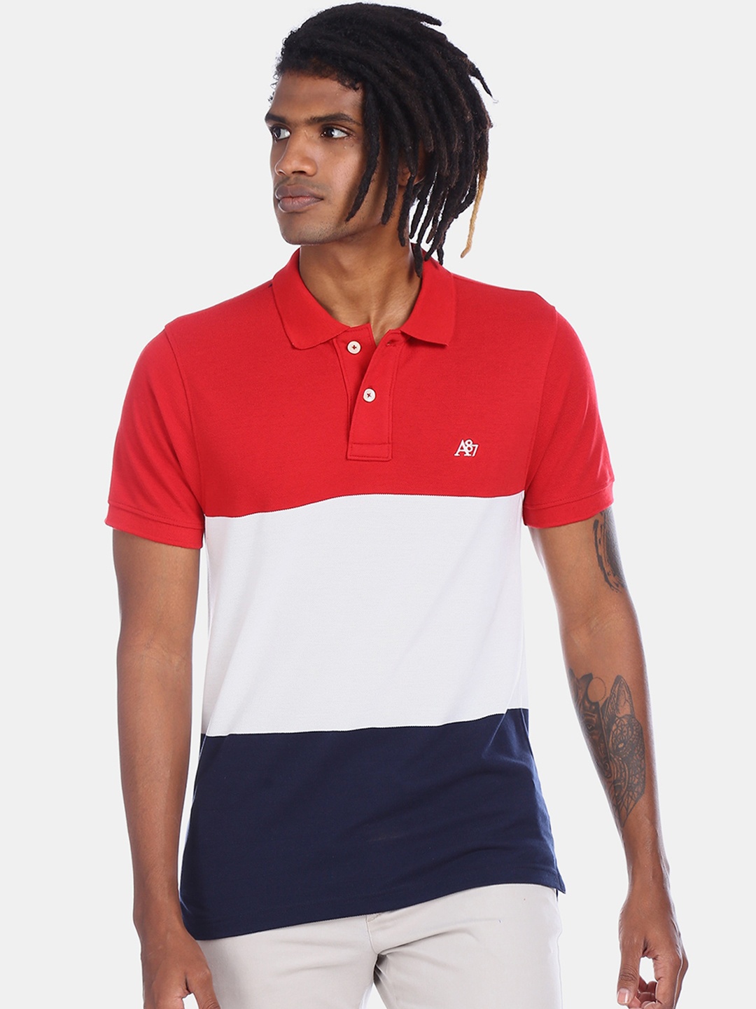 

Aeropostale Men Red & White Colourblocked Polo Collar T-shirt