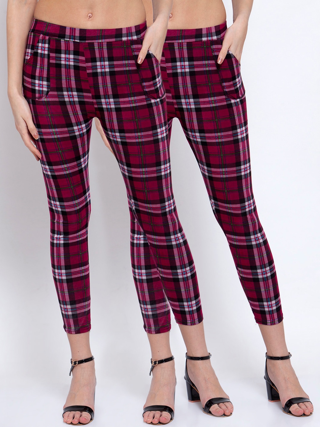 

KLOTTHE Women Pack Of 2 Burgundy & White Checked Skinny-Fit Treggings