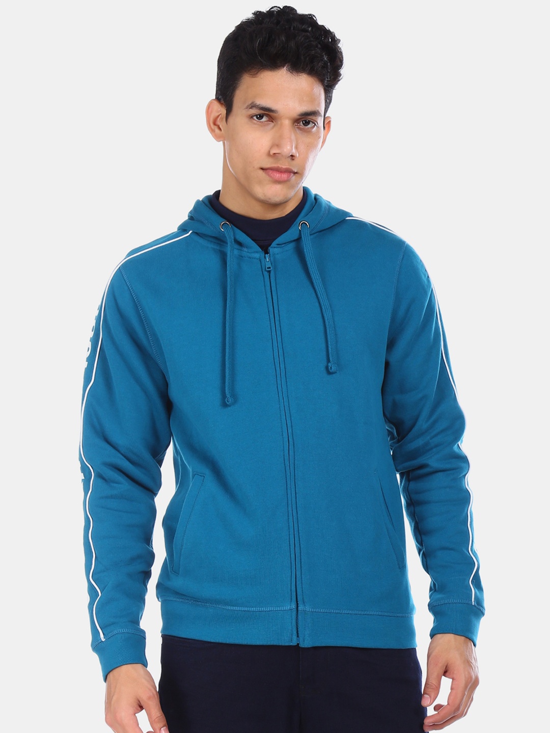 

Flying Machine Men Blue Solid Hooded Cotton Sweatshirt